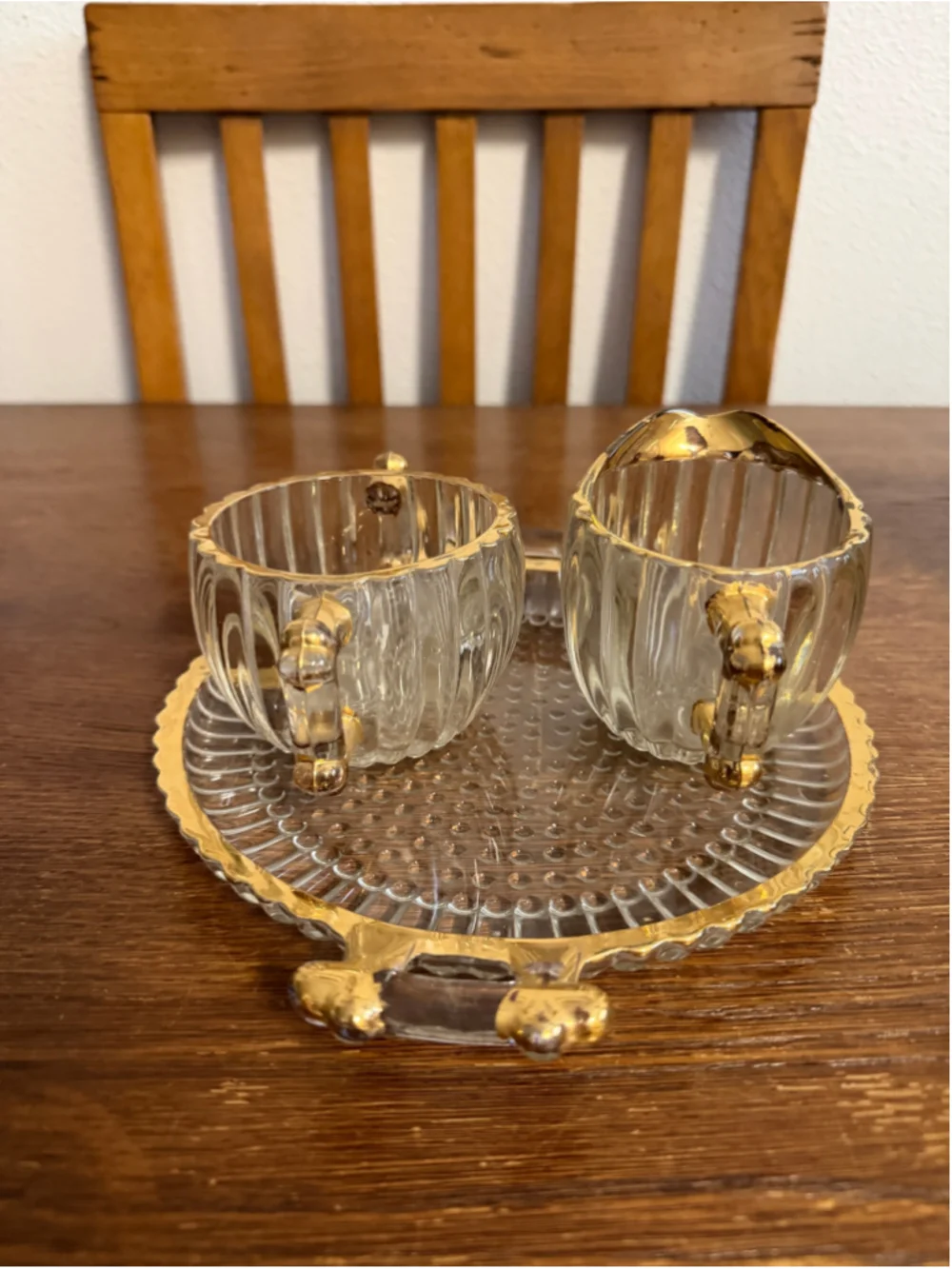 Vintage Smoked Glass Creamer Sugar Bowl & Serving Tray Gold Gilt Hollywood Regen
